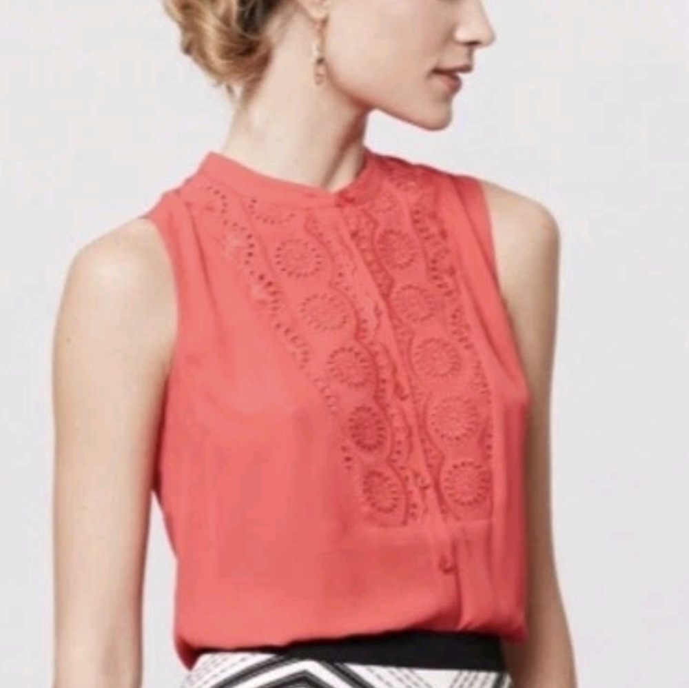 ANTHROPOLOGIE Maeve Marguerite Button Down Blouse Top Tank Eyelet Red Sz 12